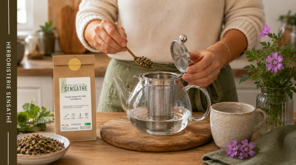 Préparation d'une tisane contre la constipation avec une cuillère du mélange versée dans le filtre d'une théière en verre - Herboristerie Sensathé